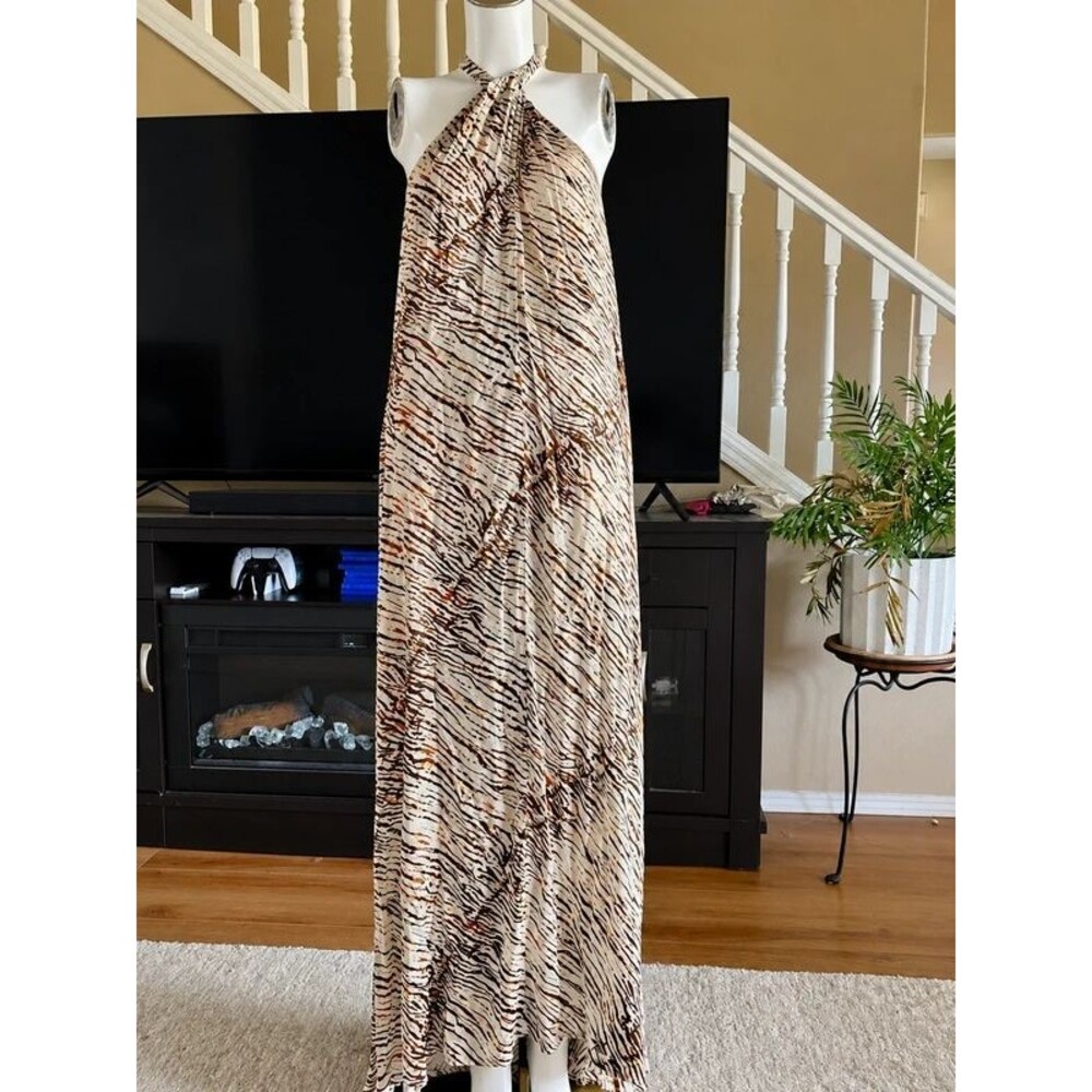 ELAN Halter Maxi Dress Womens L Neutral Animal Tiger Print Boho Resort